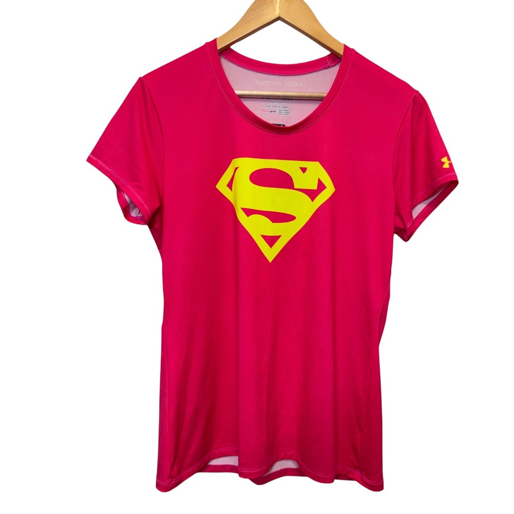 Under Armour Womens Superman Shirt Large Pink Short Sleeve Graphic Athletic Tee